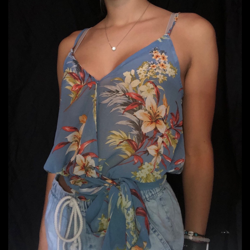 Blue Floral Spaghetti Strap Blouse